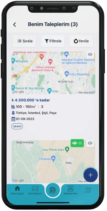 Mobil uygulamada Benim Taleplerim listesi: talep kartında harita, bütçe, metrekare ve bölge görünür; eşleşme bulunan talepte eşleşen portföy sayısı rozeti çıkar